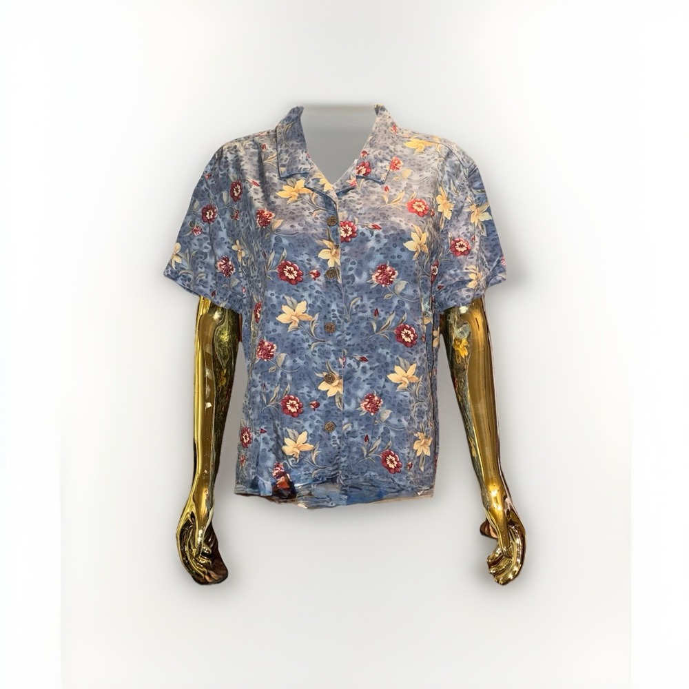 Island Traders Women's Floral Hawaiian Shirt Blue Large XL